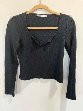 Abercrombie & Fitch Black Textured Long-Sleeve Cotton Scoop Top